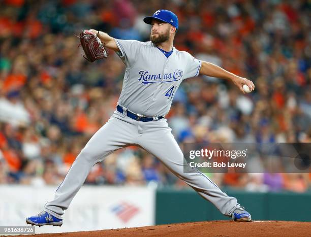 Danny Duffy of the Kansas City Royals pitches in the first inning against the Houston Astros at Minute Maid Park on June 22, 2018 in Houston, Texas.