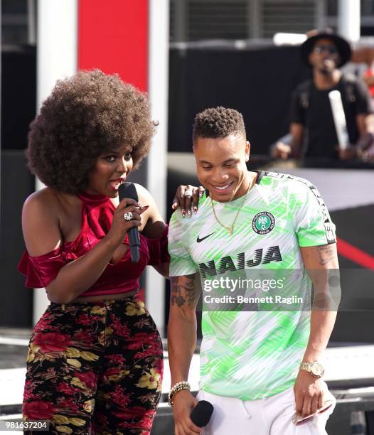 Amara La Negra and Rotimi speak onstage at BETX Live!, sponsored by Nissan, during the 2018 BET Experience at Microsoft Square at L.A. Live on June...