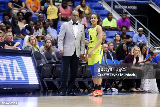 Head Coach Fred Williams and Skylar Diggins-Smith of the Dallas Wings look on during the game against the Los Angeles Sparks on June 22, 2018 at the...