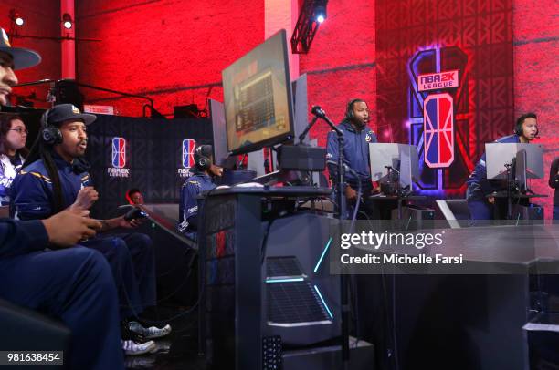 Tifeworld, Deedz, and MrSlaughter01 of Jazz Gaming reacts during game against Celtics Crossover Gaming on JUNE 22, 2018 at the NBA 2K League Studio...