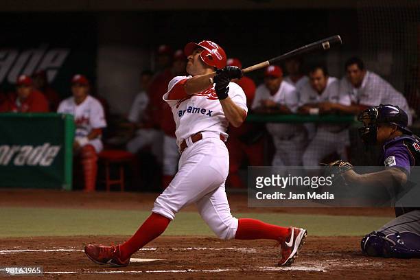 Manuel Velez of Red Devils during their match as part of the 2010 Baseball Mexican League Tournament at Sol Stadium on March 30, 2010 in Mexico City,...