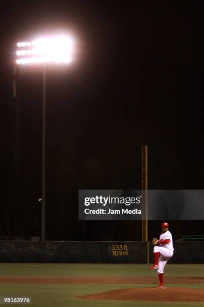 Hector Carrasco of Red Devils during the match against Dorados as part of the 2010 Baseball Mexican League Tournament at Sol Stadium on March 30,...