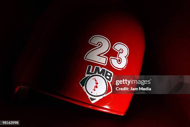 Detail of a baseball LMB helmet during the match between Red Devils v Dorados as part of the 2010 Baseball Mexican League Tournament at Sol Stadium...