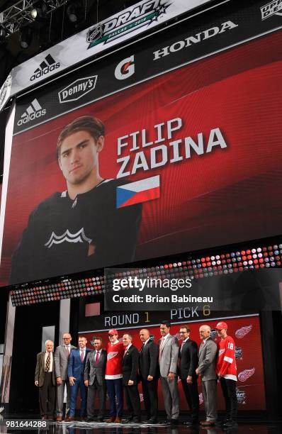 Filip Zadina poses for a photo onstage after being selected sixth overall by the Detroit Red Wings during the first round of the 2018 NHL Draft at...