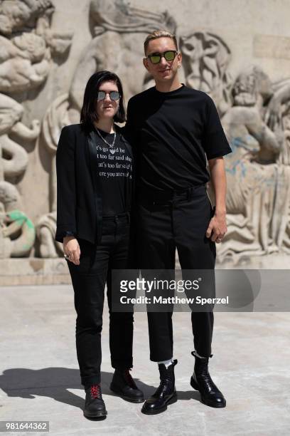 Romy Madley Croft and Oliver Sim of The xx are seen on the street during Paris Men's Fashion Week S/S 2019 wearing all-black on June 22, 2018 in...
