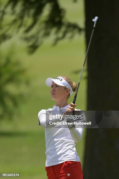 Nelly Korda of the United States plays a shot on the eighth hole during the first round of the Walmart NW Arkansas Championship Presented by P&G at...