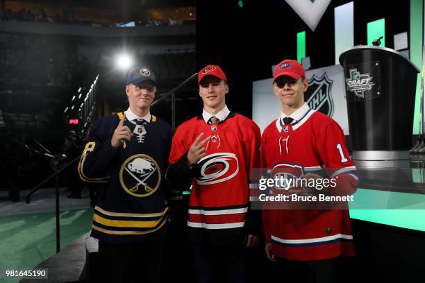 First overall Rasmus Dahlin of the Buffalo Sabres, second overall Andrei Svechnikov of the Carolina Hurricanes and third overall Jesperi Kotkaniemi...