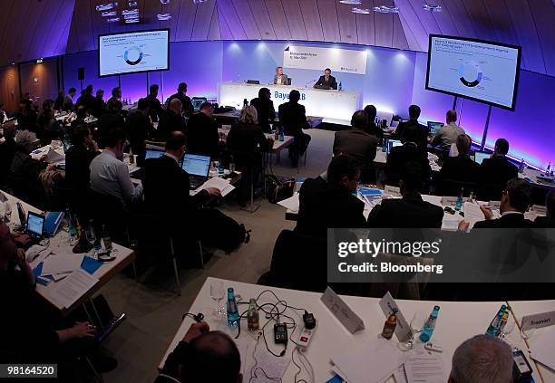 Stefan Ermisch, chief executive officer of Bayerischen Landesbank , center, speaks during a news conference in Munich, Germany, on Wednesday, March...