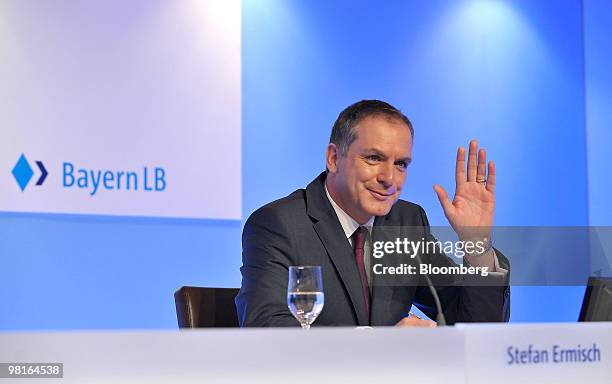 Stefan Ermisch, chief executive officer of Bayerischen Landesbank , gestures while speaking during a news conference in Munich, Germany, on...