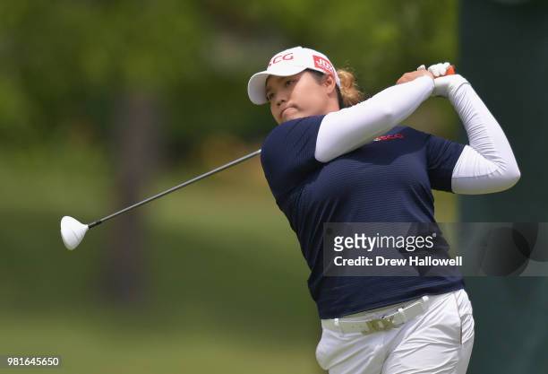 Ariya Jutanugarn of Thailand plays a shot during the first round of the Walmart NW Arkansas Championship Presented by P&G at Pinnacle Country Club on...