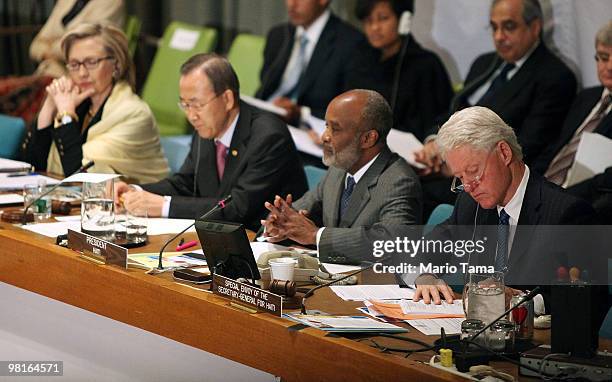 Secretary of State Hillary Rodham Clinton, U.N. Secretary-General Ban Ki-moon, Haitian President Rene Garcia Preval and former U.S. President and...