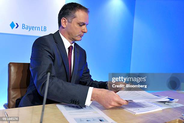 Stefan Ermisch, chief executive officer of Bayerischen Landesbank , prepares to leave a news conference in Munich, Germany, on Wednesday, March 31,...