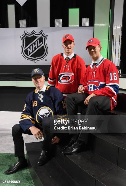 Rasmus Dahlin, selected first overall by the Buffalo Sabres, Andrei Svechnikov, selected second overall by the Carolina Hurricanes, and Jesperi...