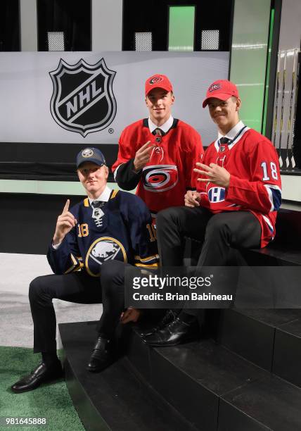 Rasmus Dahlin, selected first overall by the Buffalo Sabres, Andrei Svechnikov, selected second overall by the Carolina Hurricanes, and Jesperi...