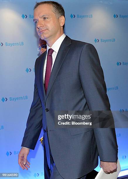 Stefan Ermisch, chief executive officer of Bayerischen Landesbank , arrives for a news conference in Munich, Germany, on Wednesday, March 31, 2010....