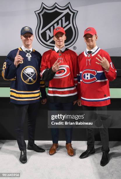 Rasmus Dahlin, selected first overall by the Buffalo Sabres, Andrei Svechnikov, selected second overall by the Carolina Hurricanes, and Jesperi...