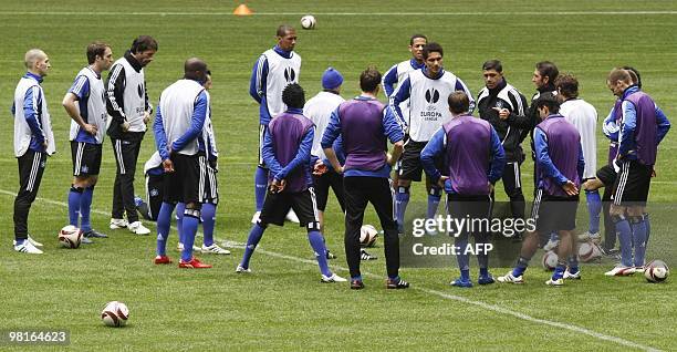 Hamburg's head coach Bruno Labbadia oversees a training session in the northern German city of Hamburg on March 31, 2010 on the eve of the UEFA...