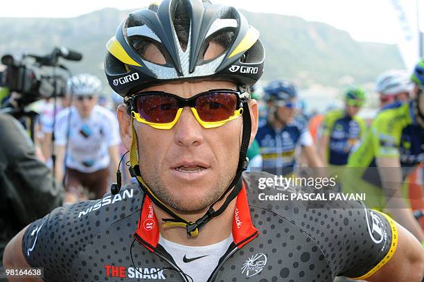 Cycling Lance Armstrong waits for the start of the first stage, Porto-Vecchion/Col de l'Ospedale, of the Criterium International cycling race on...