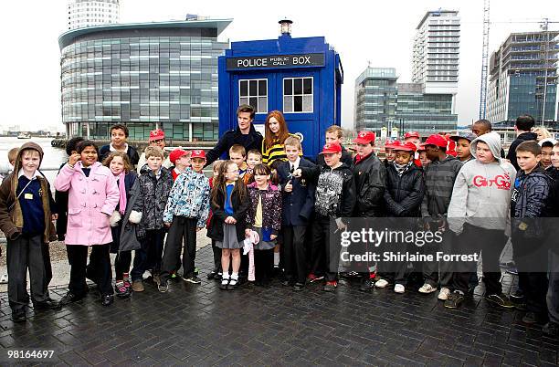 Matt Smith and Karen Gillan greet young fans while attending photocall to launch the new season of 'Dr Who' at The Lowry on March 31, 2010 in...