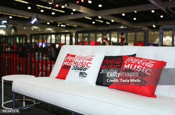 Coca-Cola branding is displayed at the Coca-Cola Music Studio at the 2018 BET Experience Fan Fest at Los Angeles Convention Center on June 22, 2018...