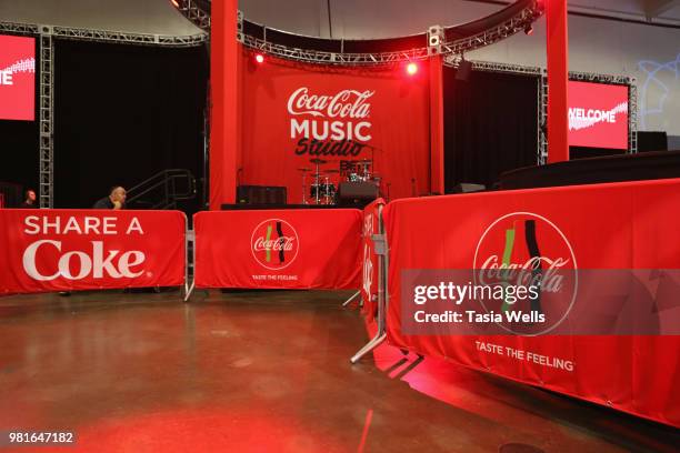 Coca-Cola branding is displayed at the Coca-Cola Music Studio at the 2018 BET Experience Fan Fest at Los Angeles Convention Center on June 22, 2018...