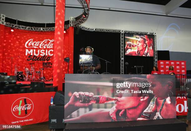Coca-Cola branding is displayed at the Coca-Cola Music Studio at the 2018 BET Experience Fan Fest at Los Angeles Convention Center on June 22, 2018...