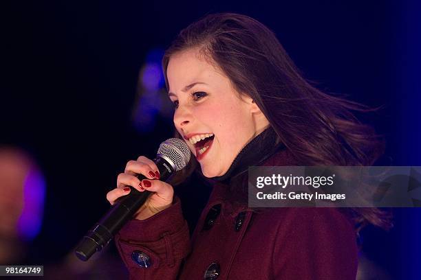 German singer Lena Meyer-Landrut performs on stage during the 'TV Total Wok WM 2010' on March 19, 2010 in Oberhof, Germany.