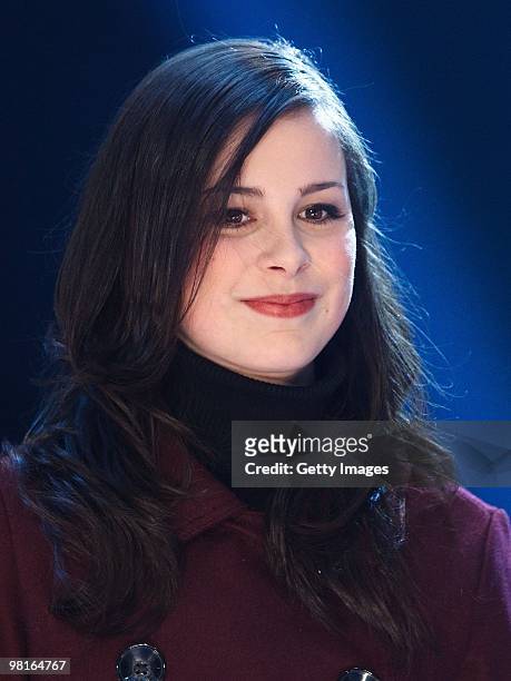 German singer Lena Meyer-Landrut performs on stage during the 'TV Total Wok WM 2010' on March 19, 2010 in Oberhof, Germany.