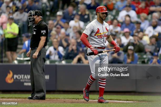 Tommy Pham of the St. Louis Cardinals walks back to the dugout after striking out in the first inning against the Milwaukee Brewers at Miller Park on...