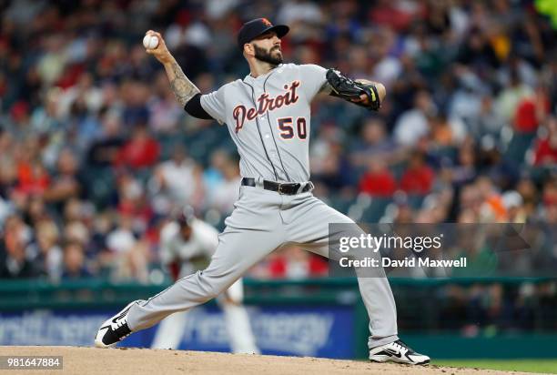 Mike Fiers of the Detroit Tigers pitches against the Cleveland Indians during the first inning at Progressive Field on June 22, 2018 in Cleveland,...