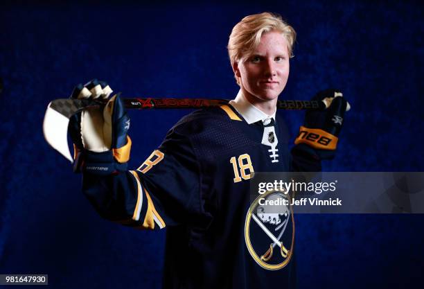 Rasmus Dahlin poses for a portrait after being selected first overall by the Buffalo Sabres during the first round of the 2018 NHL Draft at American...