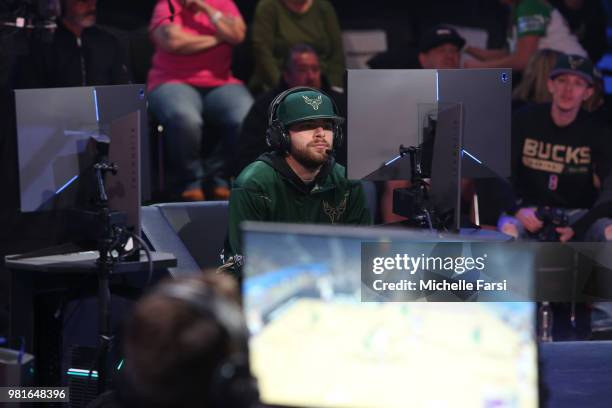 KinG PeroXide of Bucks Gaming looks on during game against Kings Guard Gaming on JUNE 22, 2018 at the NBA 2K League Studio Powered by Intel in Long...