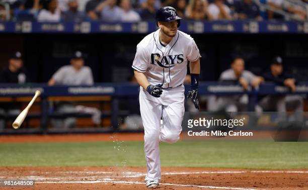 Cron of the Tampa Bay Rays watches his RBI sacrifice fly in the fifth inning of a baseball game against the New York Yankees at Tropicana Field on...