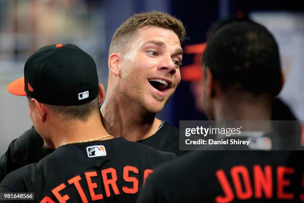 Chris Davis of the Baltimore Orioles celebrates a solo home run during the fifth inning against the Atlanta Braves at SunTrust Park on June 22, 2018...
