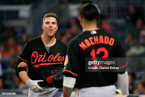 Chris Davis of the Baltimore Orioles celebrates a solo home run during the fifth inning against the Atlanta Braves at SunTrust Park on June 22, 2018...