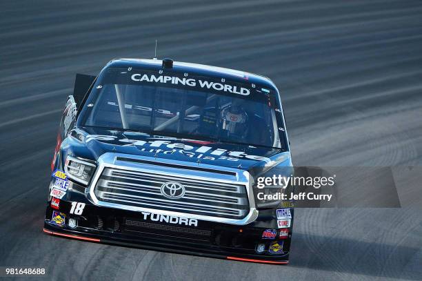 Noah Gragson, driver of the Safelite Auto Glass Toyota, drives during practice for the NASCAR Camping World Truck Series Villa Lighting delivers the...