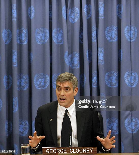 Actor George Clooney speaks during a press conference after being named an embassador of peace at the United Nations January 31, 2008 in New York...
