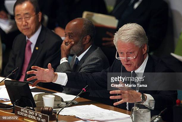 President and U.N. Special Envoy for Haiti Bill Clinton speaks as Haitian President Rene Garcia Preval and U.N. Secretary-General Ban Ki-moon attend...