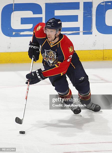 Keith Ballard of the Florida Panthers skates with the puck against the Nashville Predators on March 29, 2010 at the BankAtlantic Center in Sunrise,...