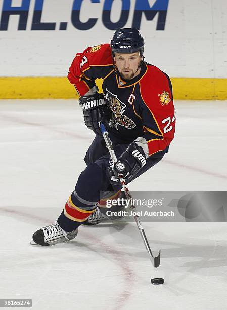 Bryan McCabe of the Florida Panthers skates with the puck against the Nashville Predators on March 29, 2010 at the BankAtlantic Center in Sunrise,...