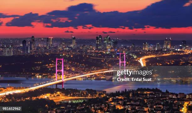 night cityscape with bosphorus bridge and strait, istanbul, turkey - bosphorus bridge stock pictures, royalty-free photos & images