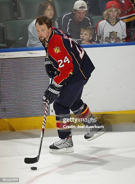 Bryan McCabe of the Florida Panthers skates prior to the game against the Nashville Predators on March 29, 2010 at the BankAtlantic Center in...