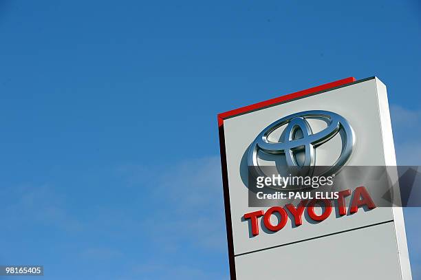 Toyota logo is pictured outside a dealership near Chester in north-west England on February 9, 2010. Toyota said Tuesday it was recalling hundreds of...
