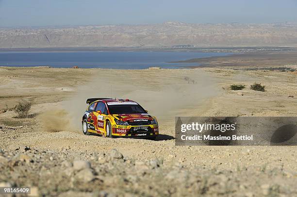 Petter Solberg of Norway and Phill Mills of Great Britain compete in their Citroen C4 during the Shakedown of the WRC Rally Jordan on March 31, 2010...