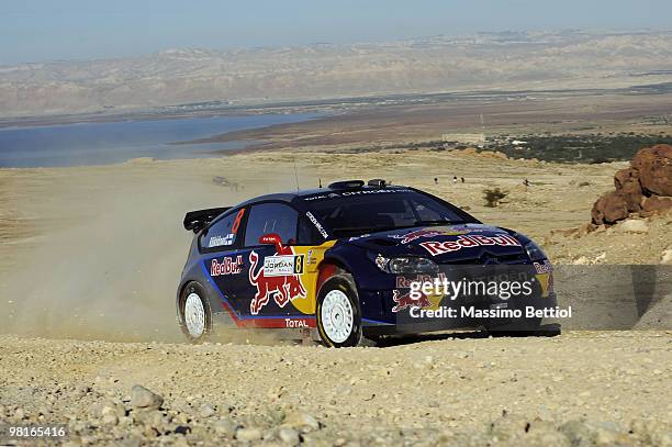 Kimi Raikkonen of Finland and Kaj Lindstrom of Finland compete in their Citroen C4 Junior Team during the Shakedown of the WRC Rally Jordan on March...