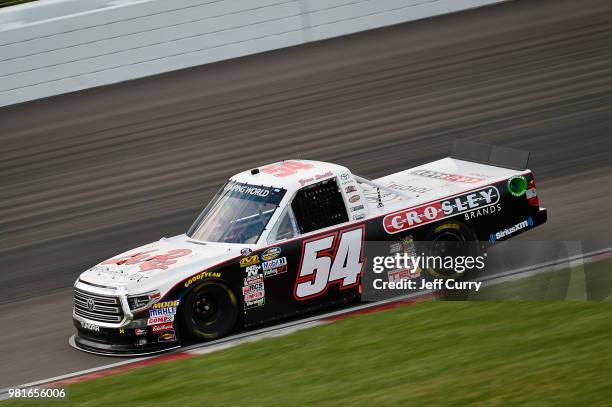 Bo LeMastus, driver of the Crosley Brands, DGR-CROSLEY Toyota, drives during practice for the NASCAR Camping World Truck Series Villa Lighting...