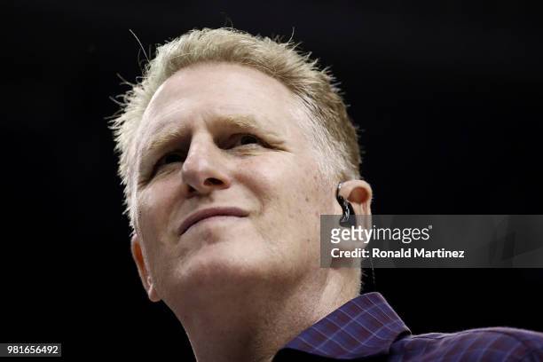 Actor, Michael Rapaport, looks on from courtside during week one of the BIG3 three on three basketball league at Toyota Center on June 22, 2018 in...