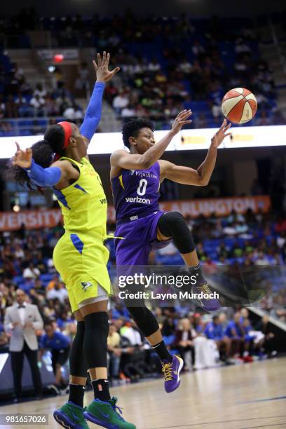 Alana Beard of the Los Angeles Sparks passes the ball against the Dallas Wings on June 22, 2018 at the College Park Center in Arlington, Texas. NOTE...