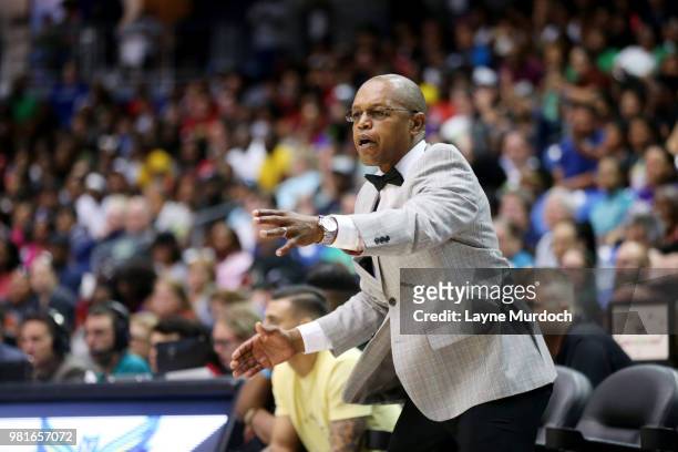 Head Coach Fred Williams of the Dallas Wings reacts to a play during the game against the Los Angeles Sparks on June 22, 2018 at the College Park...
