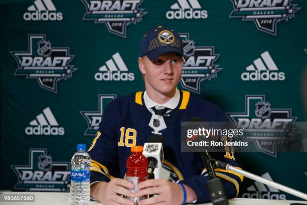 Rasmus Dahlin answers questions from the media after being selected first overall by the Buffalo Sabres during the first round of the 2018 NHL Draft...